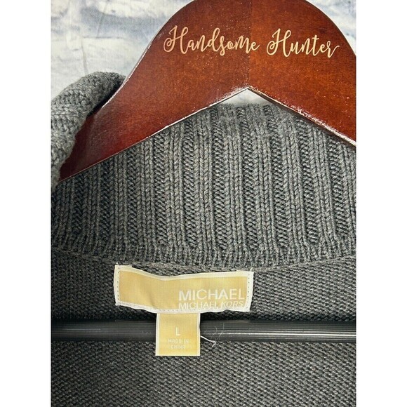 Michael Kors Women Sz L Gray Faux Wrap Sweater Dress Buckle Cowl Neck Ribbed T4 - Picture 11 of 12